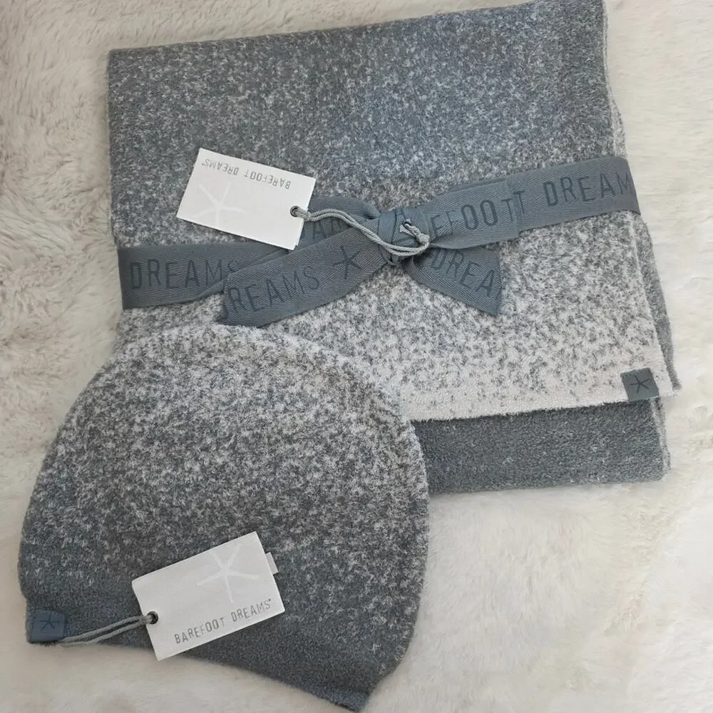 Barefoot Dreams CozyChic Lite Confetti Scarf Beanie Set Smokey Green Gray NWT